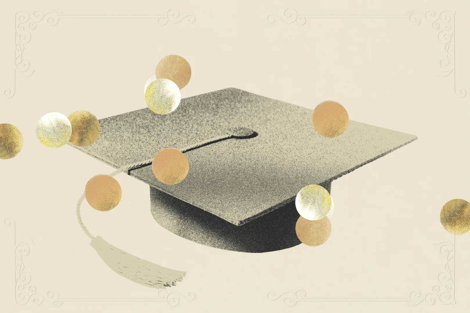 An illustrated graduation cap surrounded by gold confetti circles on a cream background.