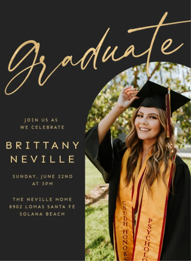 photo invitation dark with gold script.