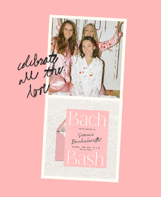Three women in matching robes posing together, overlaid with a pink bachelorette party invitation.