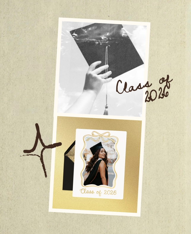A collage on a tan background with a photo graduation announcement and a "Class of 2026" doodle.