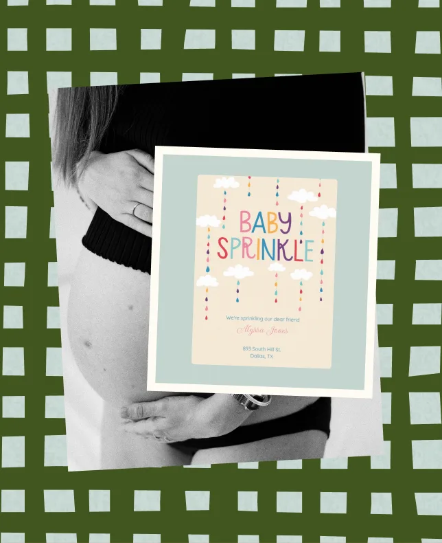 A black-and-white photo of a pregnant woman's belly, overlaid with a colorful baby sprinkle invitation on a green gingham background.