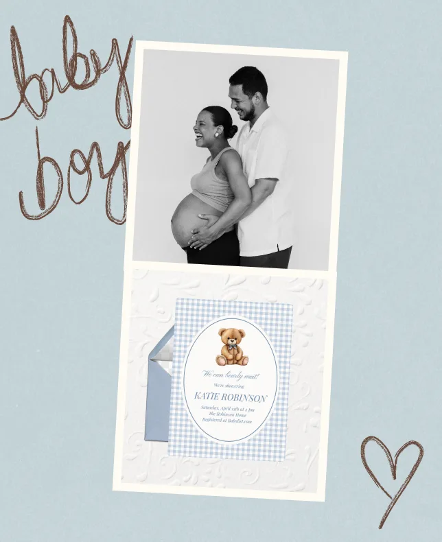 A black-and-white maternity photo of a couple, collaged with a blue baby shower invitation and a "baby boy" doodle.