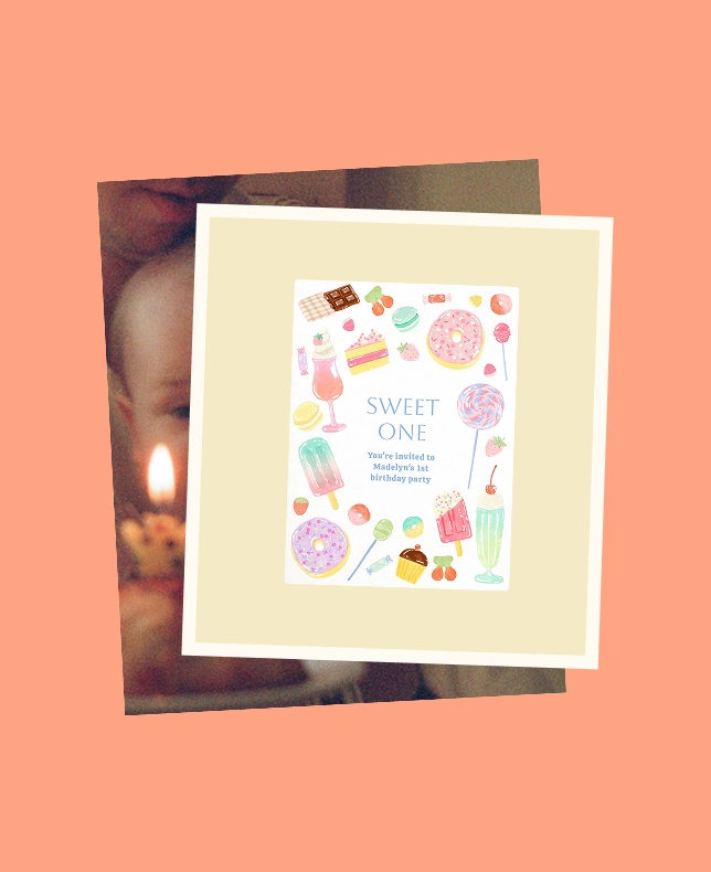 A first birthday invitation with candy and sweets illustrations, overlaid on a peach background and collaged with a photo of a baby and their lit birthday cake.