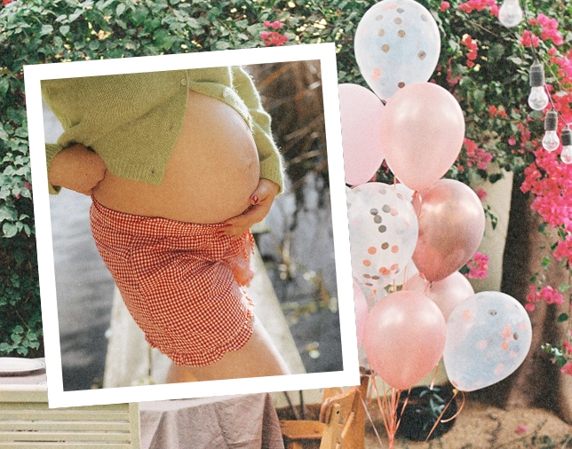 A photo of a pregnant woman's belly alongside a cluster of pink and white confetti balloons.
