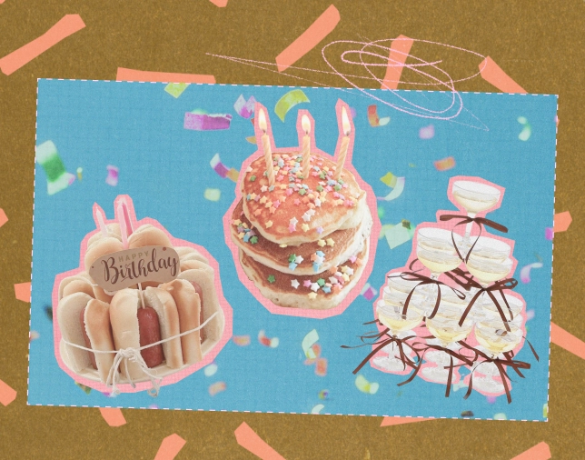 Three whimsical birthday treat ideas collaged on a blue confetti background: a hot dog "cake," a sprinkle-topped pancake stack with candles, and a champagne coupe tower.
